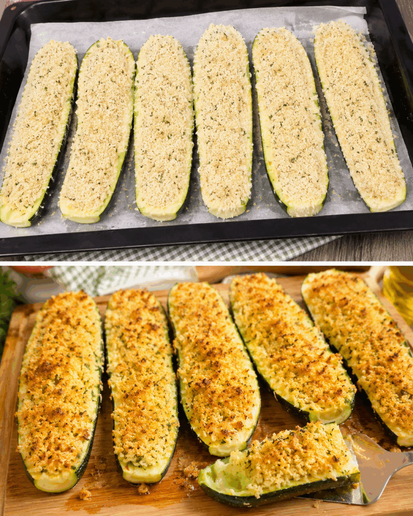 Knusprig überbackene Zucchini-Boote mit Parmesan und Kräuterbröseln