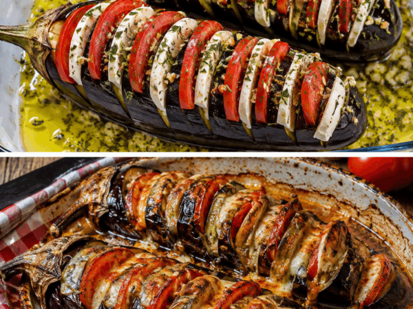 Gefächerte Auberginen aus dem Ofen – mit Tomaten und goldbrauner Mozzarella-Kruste