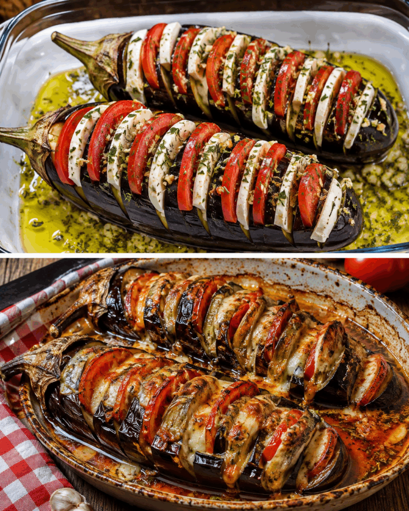 Gefächerte Auberginen aus dem Ofen – mit Tomaten und goldbrauner Mozzarella-Kruste