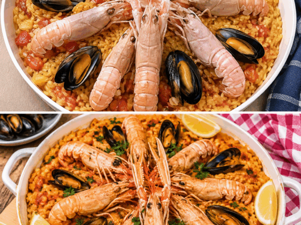 Mediterrane Paella mit Langustinen, Garnelen und Miesmuscheln – aromatisch und einfach aus dem Ofen