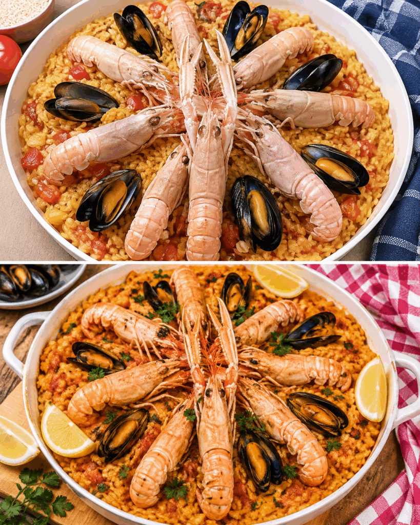 Mediterrane Paella mit Langustinen, Garnelen und Miesmuscheln – aromatisch und einfach aus dem Ofen