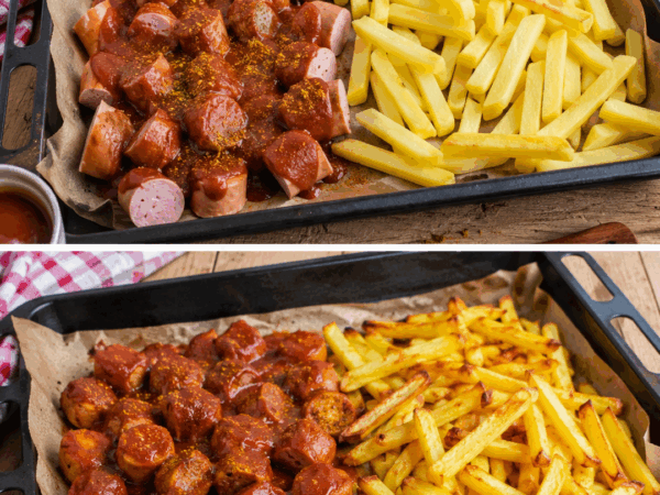 Currywurst mit selbstgemachter Currysoße und knusprigen Pommes
