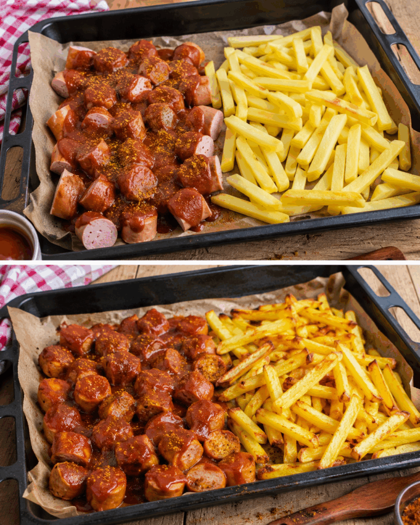 Currywurst mit selbstgemachter Currysoße und knusprigen Pommes
