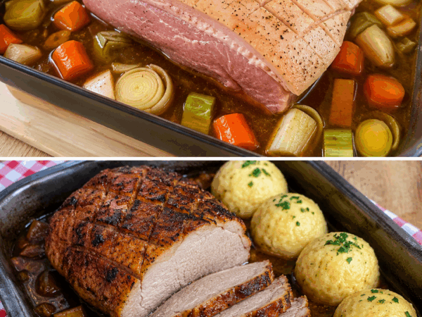 Saftiger Schweinebraten mit dunkler Soße und Kartoffelknödeln