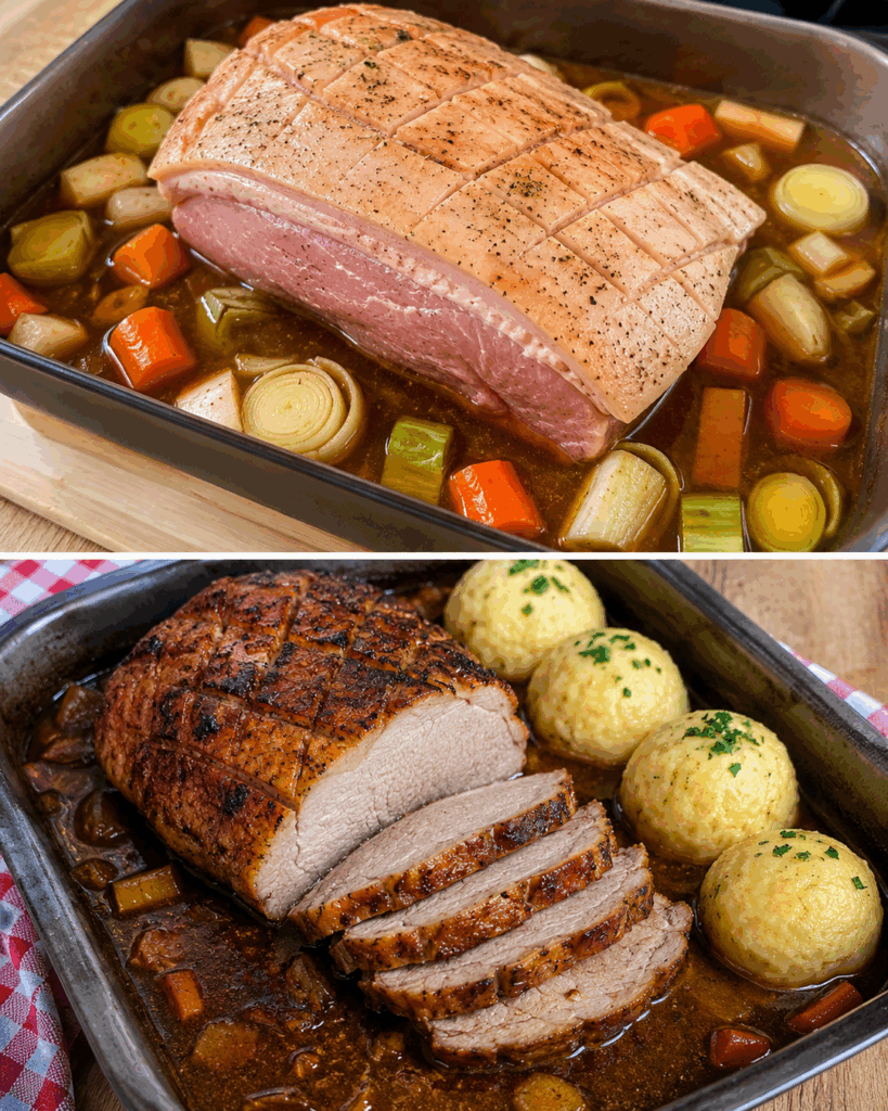 Saftiger Schweinebraten mit dunkler Soße und Kartoffelknödeln