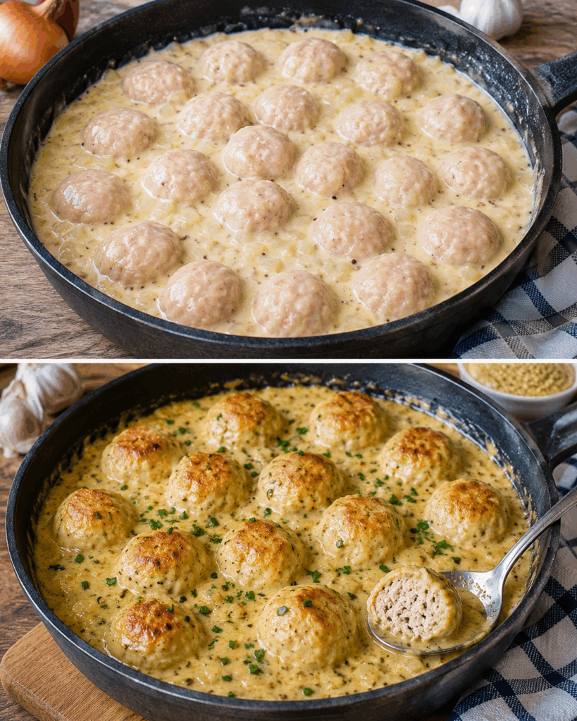 Diese saftigen Hähnchenbällchen in cremiger Senfsoße sind schneller weg, als man schauen kann