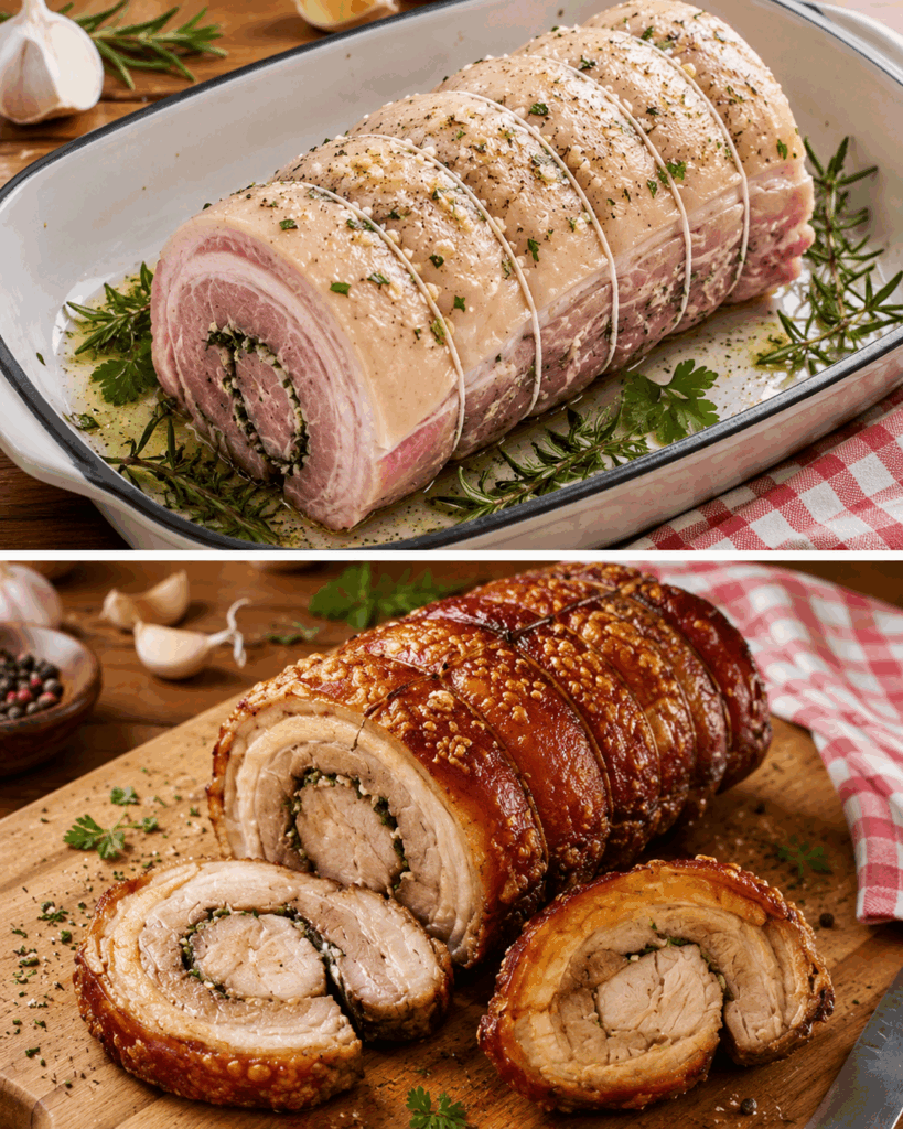 Knusprige Porchetta aus dem Ofen – saftiger Schweinerollbraten mit Kräuterfüllung
