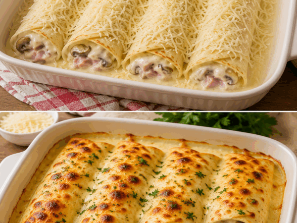 Überbackene Schinken-Champignon-Crêpes in cremiger Käsesauce – herrlich einfach und unwiderstehlich