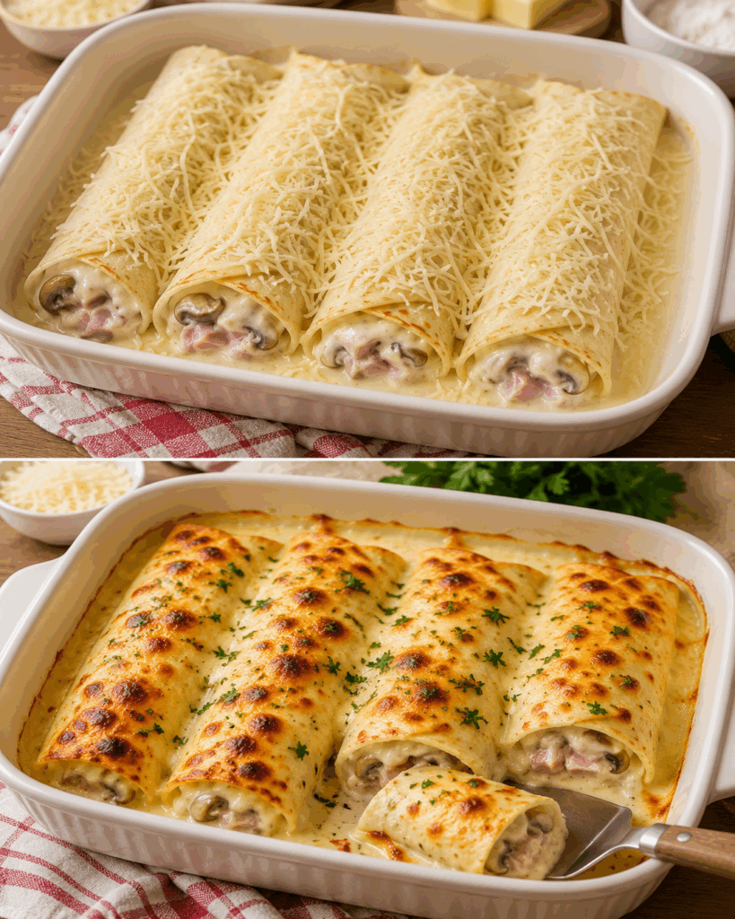 Überbackene Schinken-Champignon-Crêpes in cremiger Käsesauce – herrlich einfach und unwiderstehlich