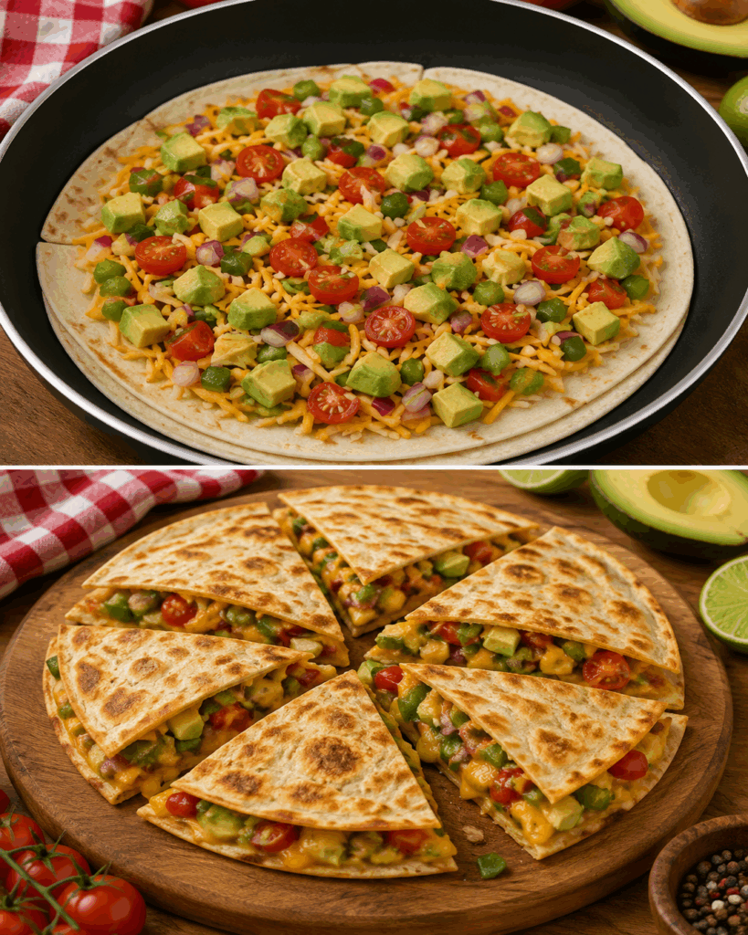 Knusprige Gemüse-Quesadillas mit Avocado und geschmolzenem Cheddar