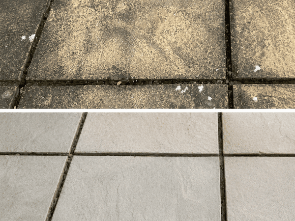 Graue Terrassenplatten mit Schmierseife und Bürste reinigen