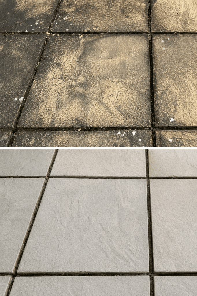 Graue Terrassenplatten mit Schmierseife und Bürste reinigen
