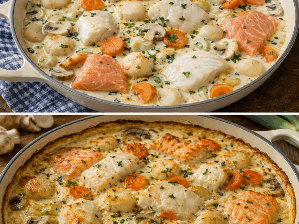 Cremige Fischpfanne mit Lachs, Weißfisch und Gemüse – ein Familienessen zum Verlieben