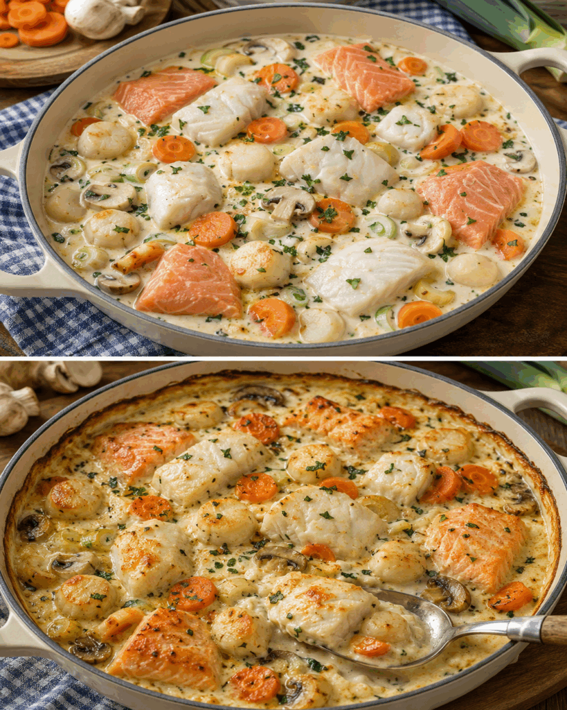 Cremige Fischpfanne mit Lachs, Weißfisch und Gemüse – ein Familienessen zum Verlieben