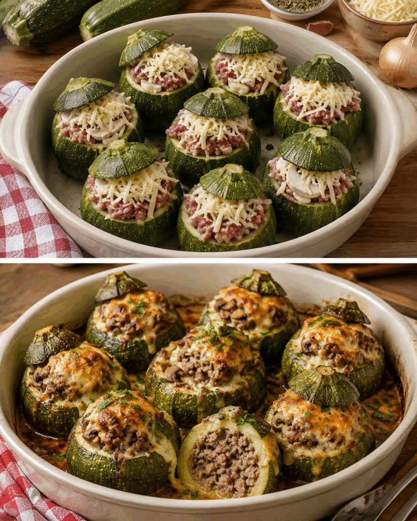 Saftige gefüllte Zucchini mit Hackfleisch und Champignons – herzhaft überbacken aus dem Ofen