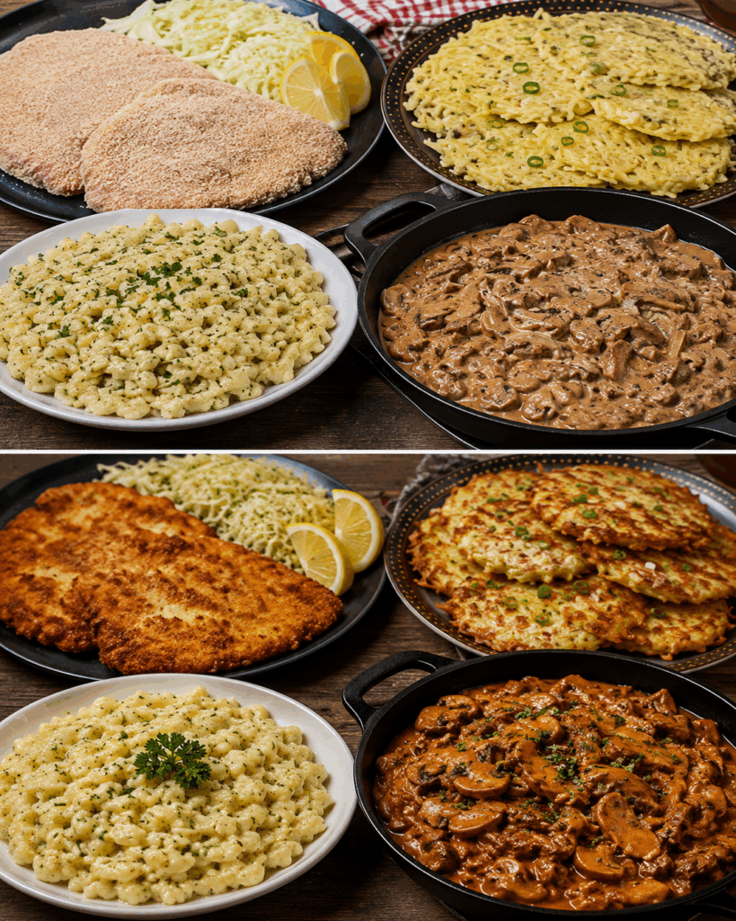 4 deutsche Lieblingsgerichte wie bei Oma – Schnitzel, Kartoffelpuffer, Käsespätzle und Pilzgeschnetzeltes
