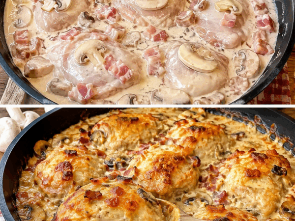 Cremiges Senf-Hähnchen mit Speck und Champignons – herrlich würzig und einfach aus dem Ofen