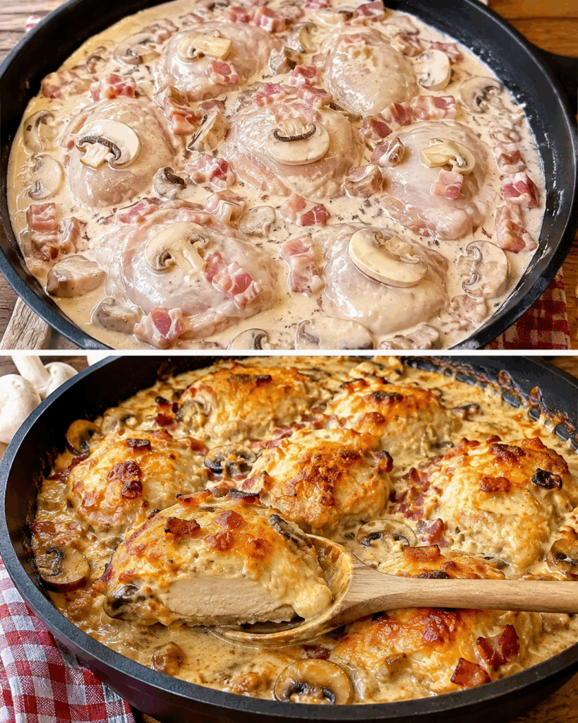 Cremiges Senf-Hähnchen mit Speck und Champignons – herrlich würzig und einfach aus dem Ofen