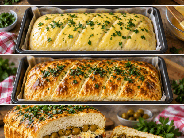 Herzhafter gefüllter Ofenbrot-Laib mit Salami, Käse, Paprika und Oliven