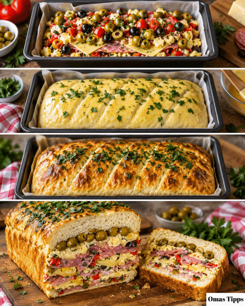 Herzhafter gefüllter Ofenbrot-Laib mit Salami, Käse, Paprika und Oliven