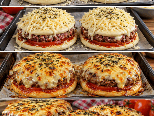 Überbackene Pizza-Burger aus dem Ofen mit Hackfleisch und Mozzarella