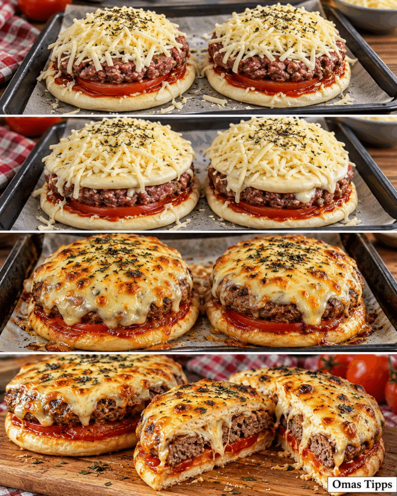 Überbackene Pizza-Burger aus dem Ofen mit Hackfleisch und Mozzarella