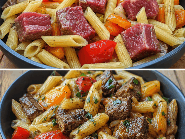 Diese Rindfleisch-Pasta aus der Pfanne macht alle satt: saftige Steakstücke, Paprika und eine würzige Sauce
