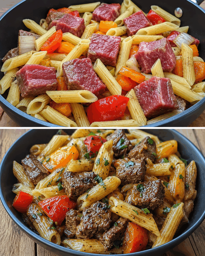 Diese Rindfleisch-Pasta aus der Pfanne macht alle satt: saftige Steakstücke, Paprika und eine würzige Sauce
