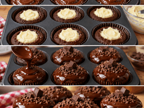 Schoko-Cupcakes mit cremiger Vanillefüllung und Schoko-Ganache