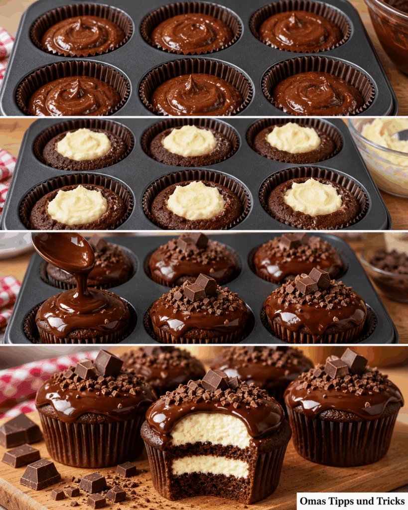 Schoko-Cupcakes mit cremiger Vanillefüllung und Schoko-Ganache