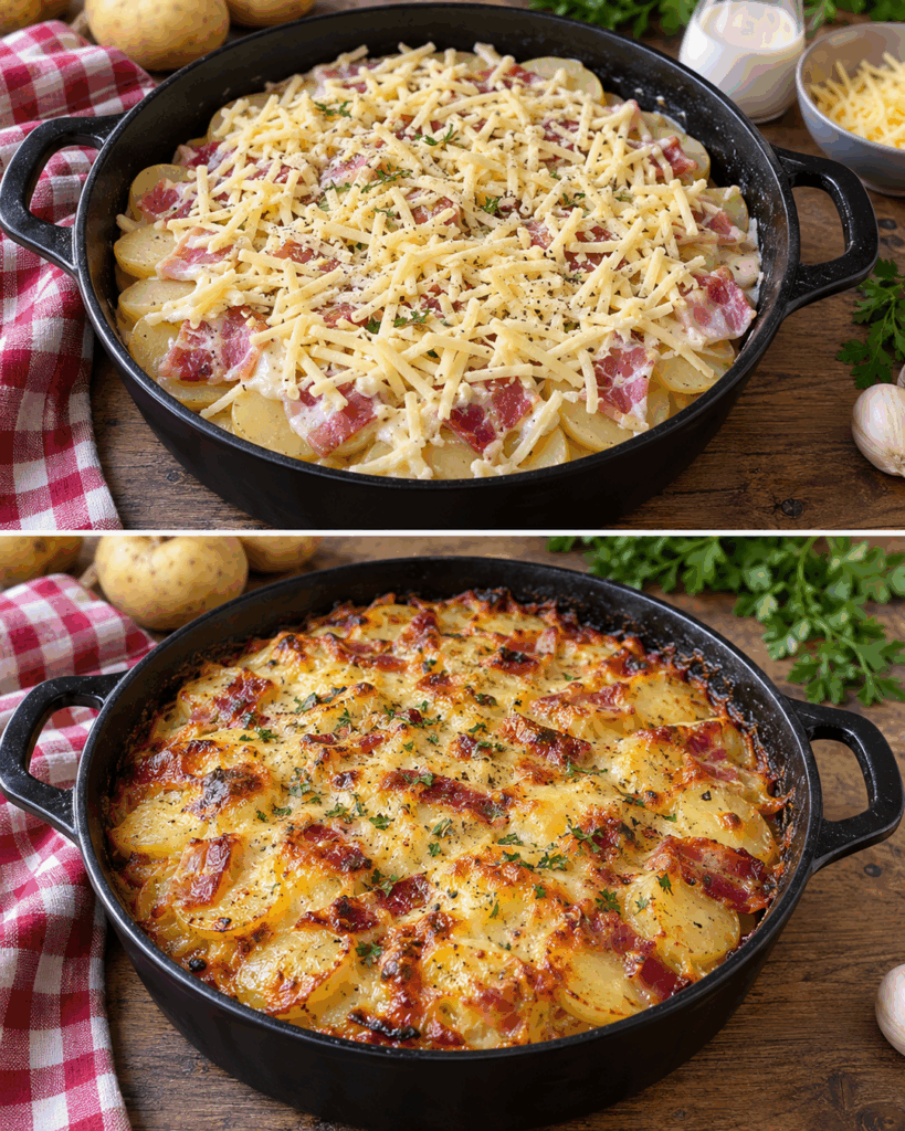 Knuspriger Kartoffelauflauf mit Speck und Käse – cremig, herzhaft und herrlich goldbraun