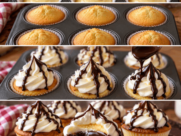 Gefüllte Schoko-Vanille-Cupcakes mit cremigem Kern und Schokoguss
