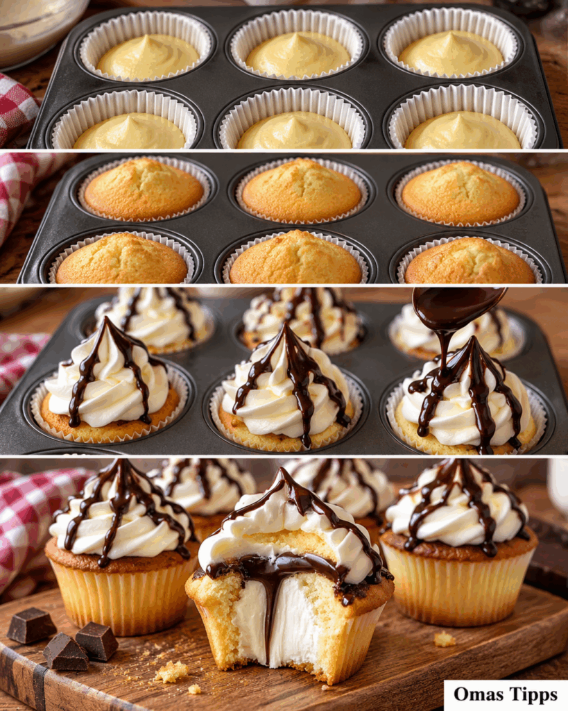 Gefüllte Schoko-Vanille-Cupcakes mit cremigem Kern und Schokoguss