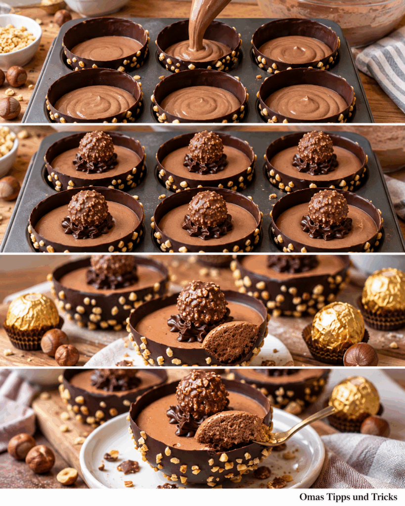 Ferrero-Rocher-Mousse-Törtchen mit knuspriger Schoko-Haselnuss-Hülle