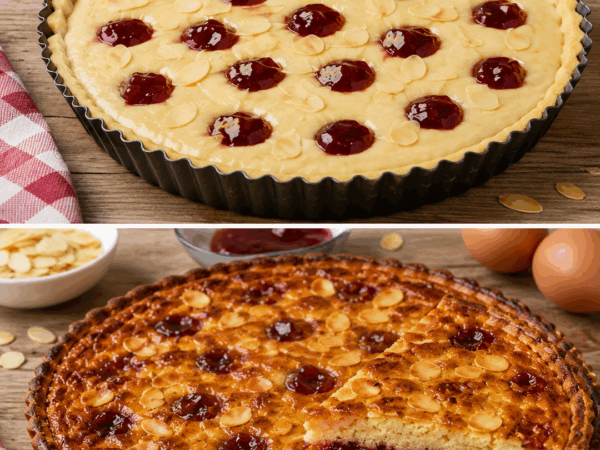 Saftige Mandeltarte mit Himbeerkonfitüre – knuspriger Boden, fruchtige Mitte und goldene Mandelcreme