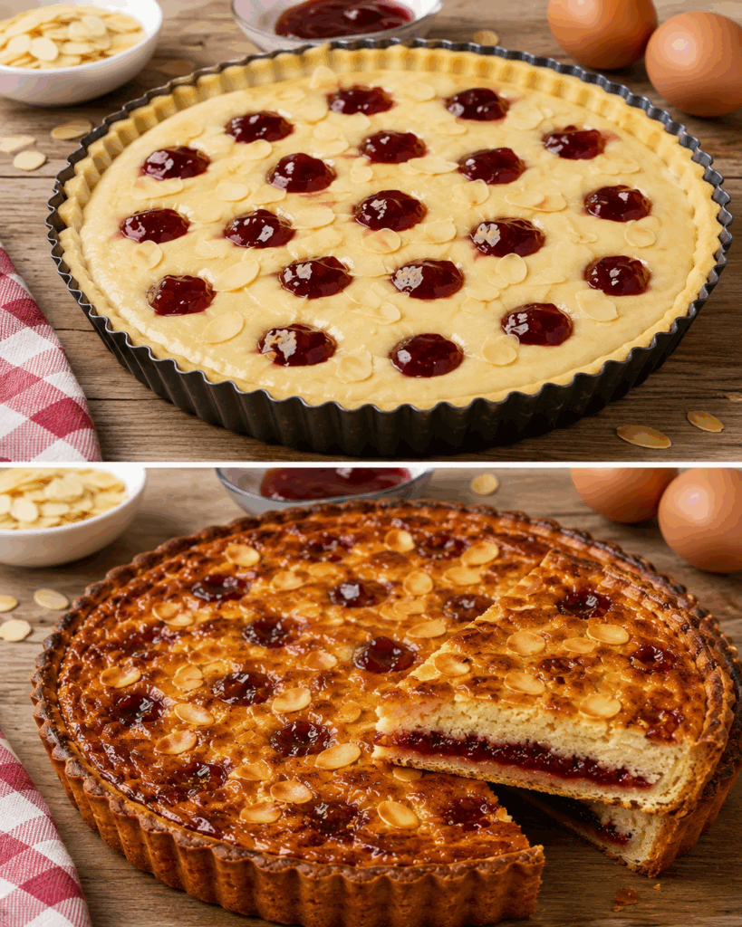 Saftige Mandeltarte mit Himbeerkonfitüre – knuspriger Boden, fruchtige Mitte und goldene Mandelcreme