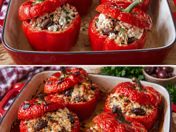 Diese gefüllten Paprika aus dem Ofen sind so saftig und würzig – mit Thunfisch, Feta und Oliven ein echtes Familienessen