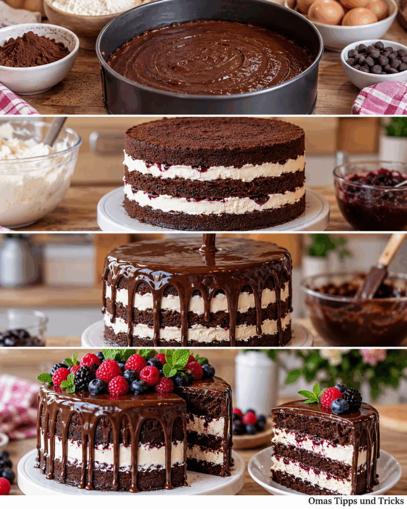 Schoko-Beeren-Traumtorte mit Mascarponecreme und glänzender Ganache
