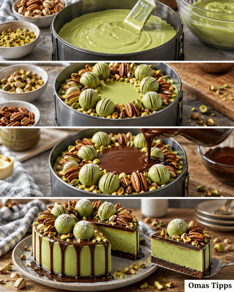 Pistazien-Schoko-Torte ohne Backen – unglaublich cremig mit knusprigem Schokoboden