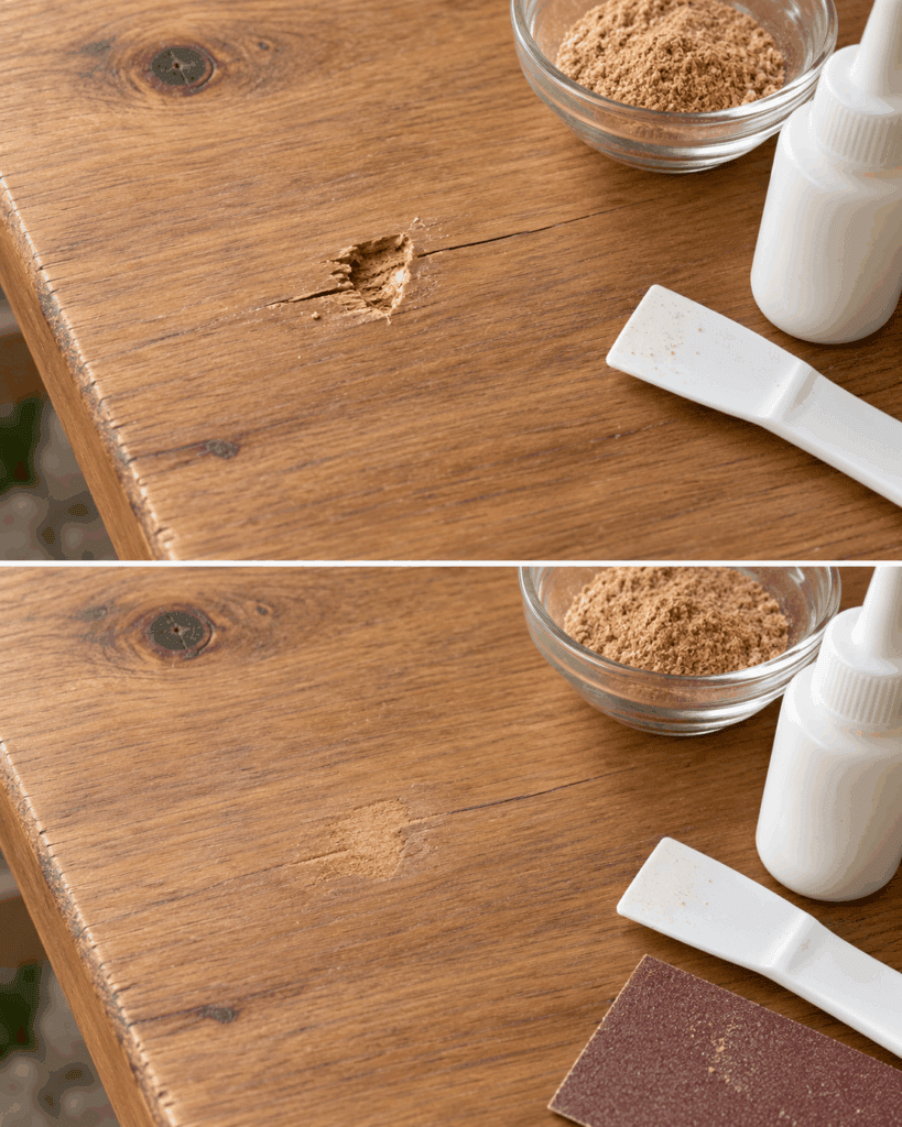 Loch im Holz? Mit Sägemehl und Holzleim gelingt eine günstige Reparatur fast wie vom Profi