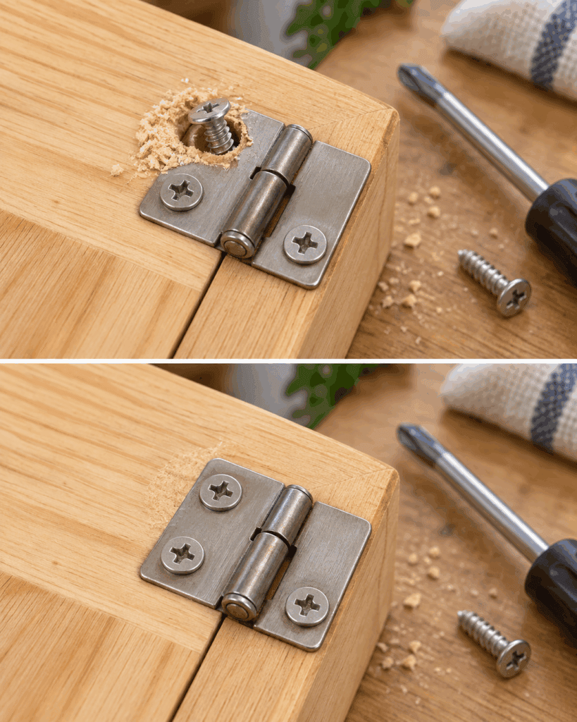 Schraube hält nicht mehr im Holz? Mit diesem einfachen Reparatur-Trick sitzt das Scharnier wieder fest