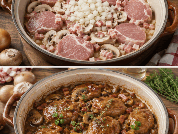 Schweinebäckchen in Weißweinsauce mit Pilzen und Speck – butterzart aus dem Schmortopf