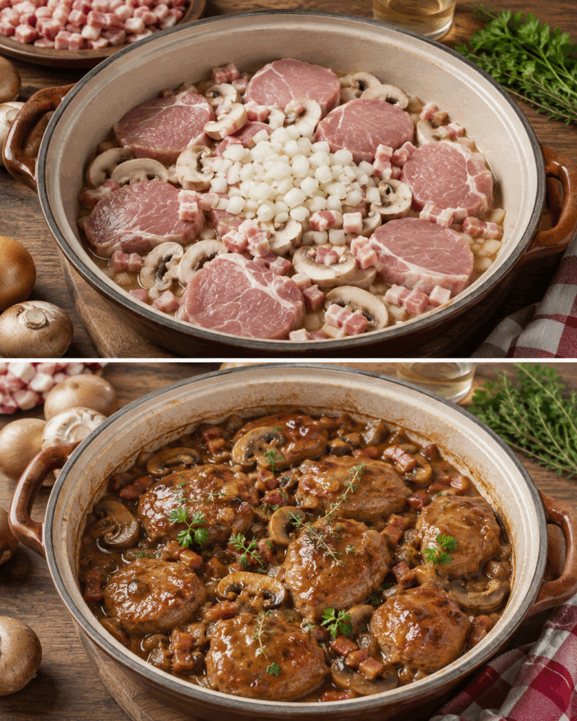 Schweinebäckchen in Weißweinsauce mit Pilzen und Speck – butterzart aus dem Schmortopf