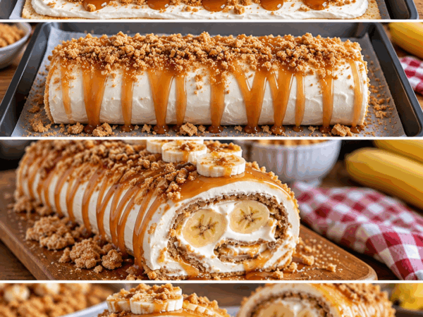 Bananen-Karamell-Biskuitrolle mit Vanillecreme und Keks-Crunch