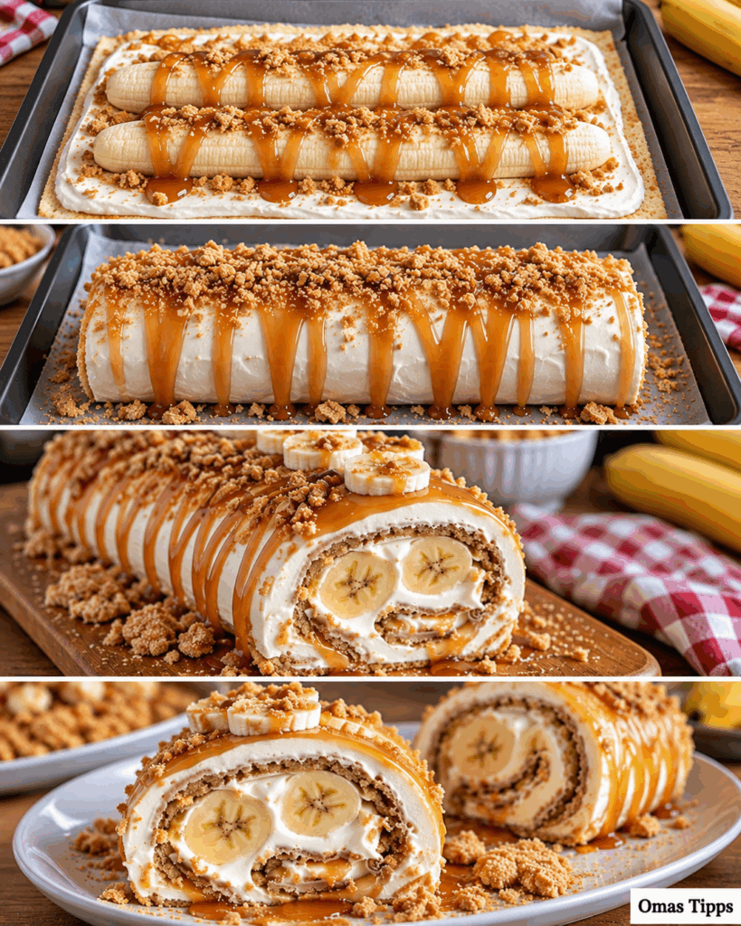 Bananen-Karamell-Biskuitrolle mit Vanillecreme und Keks-Crunch