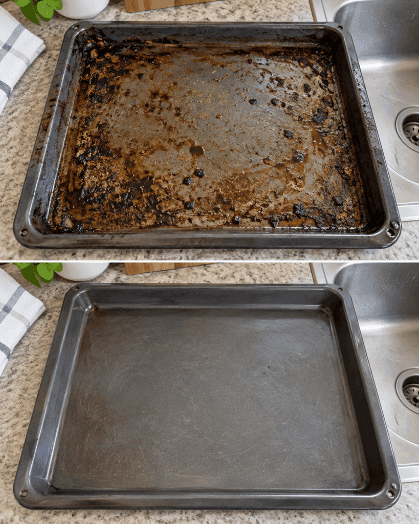 Eingebrannte Fettkrusten auf dem Backblech? Dieses einfache Einweichen löst selbst hartnäckige Reste