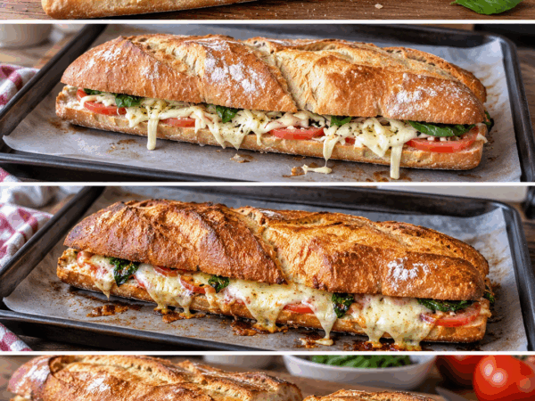 Knuspriges Ofen-Baguette mit Tomaten, Spinat und extra viel Käse – außen kross, innen herrlich cremig