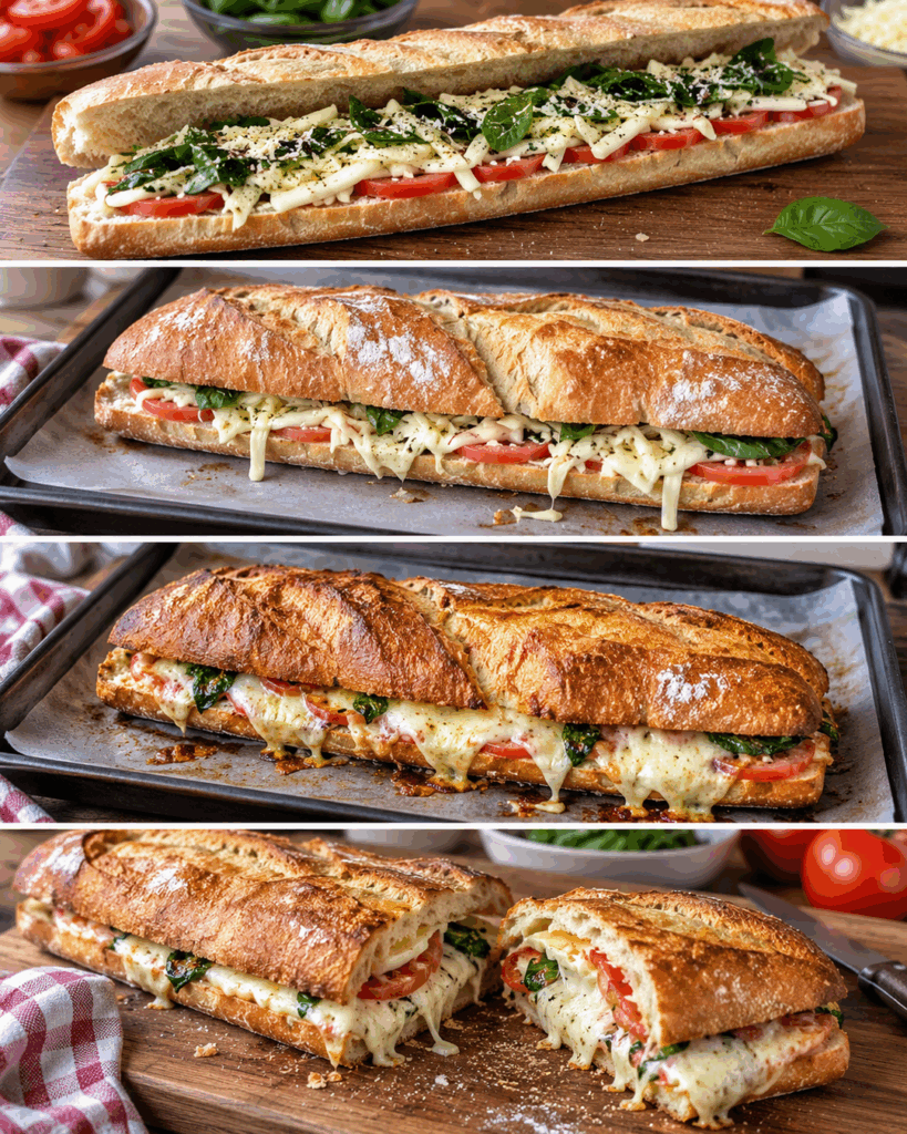 Knuspriges Ofen-Baguette mit Tomaten, Spinat und extra viel Käse – außen kross, innen herrlich cremig