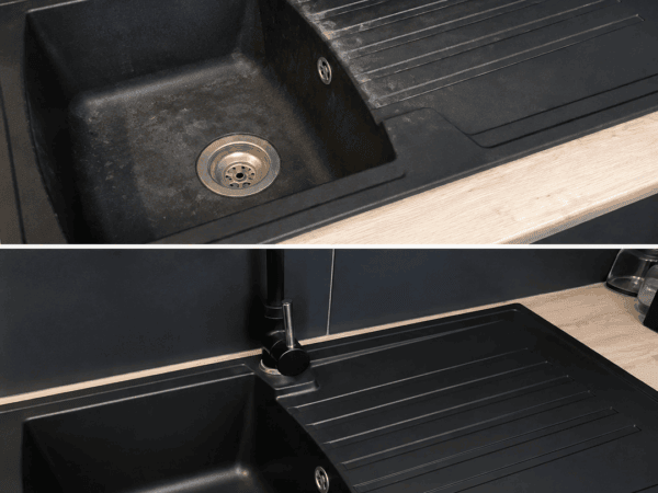 Schwarze Spüle wieder tiefschwarz: So verschwinden Kalkschleier und Wasserflecken schonend