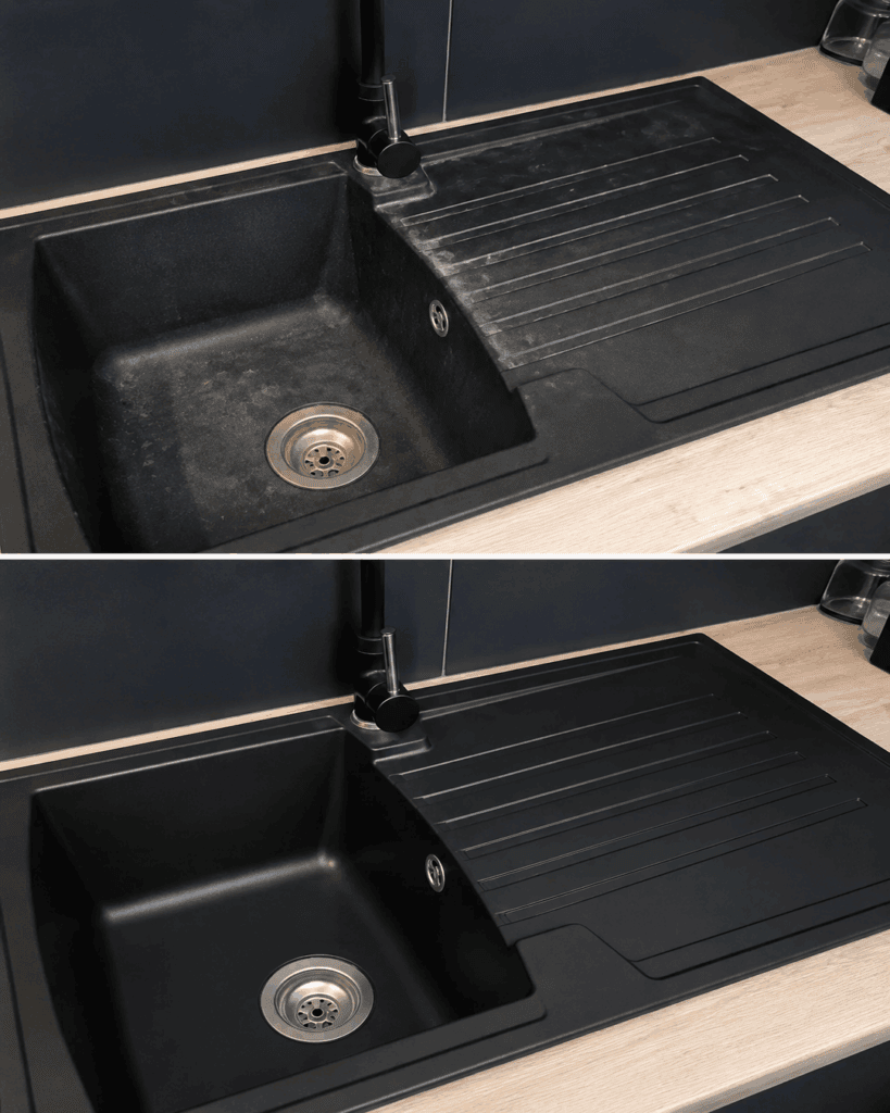 Schwarze Spüle wieder tiefschwarz: So verschwinden Kalkschleier und Wasserflecken schonend